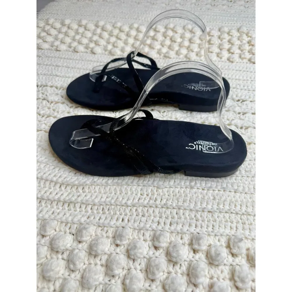 VIONIC ORTHAHEEL Women's 10 Minimal Flip Flop Strappy Sandal Shoes Black Suede